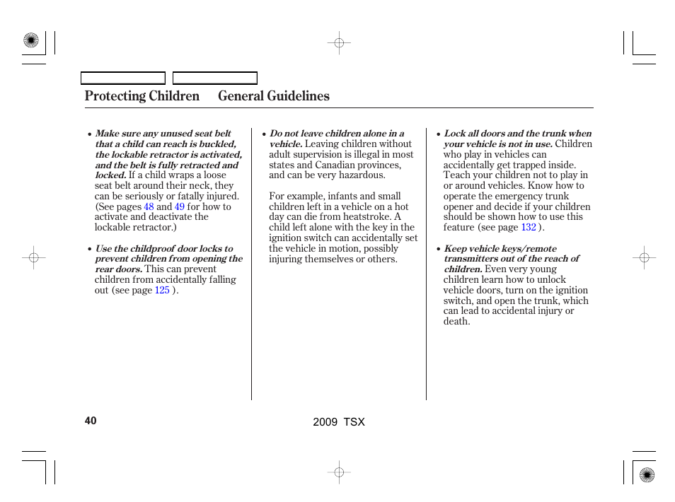 Protecting children general guidelines | Acura 2009 TSX User Manual | Page 43 / 524