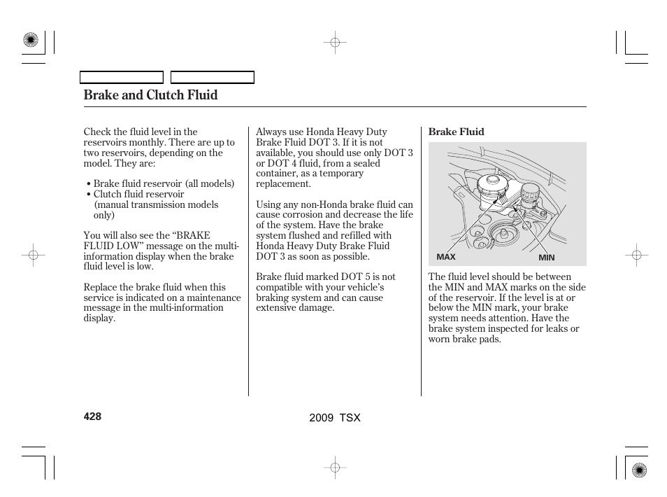 Brake and clutch fluid | Acura 2009 TSX User Manual | Page 431 / 524