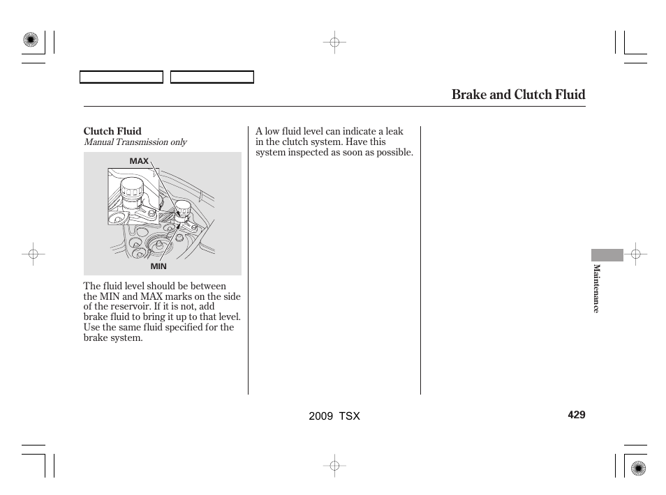 Brake and clutch fluid | Acura 2009 TSX User Manual | Page 432 / 524