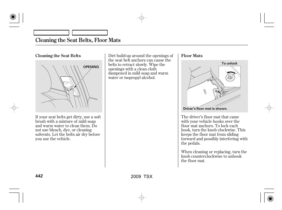 Cleaning the seat belts, floor mats | Acura 2009 TSX User Manual | Page 445 / 524