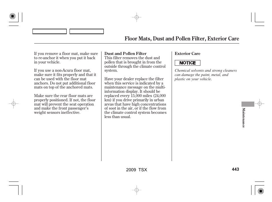 Floor mats, dust and pollen filter, exterior care | Acura 2009 TSX User Manual | Page 446 / 524