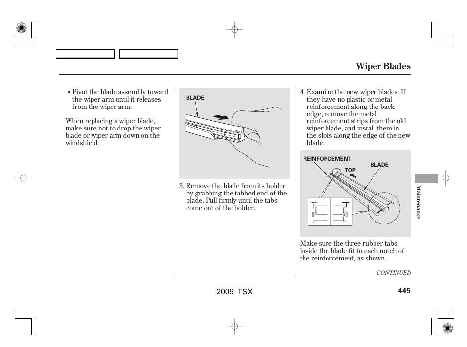 Wiper blades | Acura 2009 TSX User Manual | Page 448 / 524