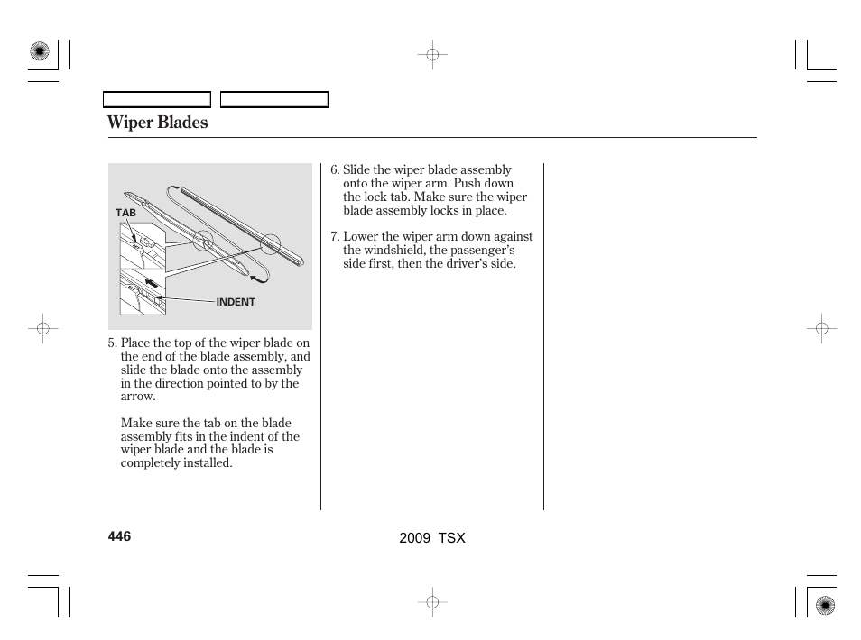 Wiper blades | Acura 2009 TSX User Manual | Page 449 / 524