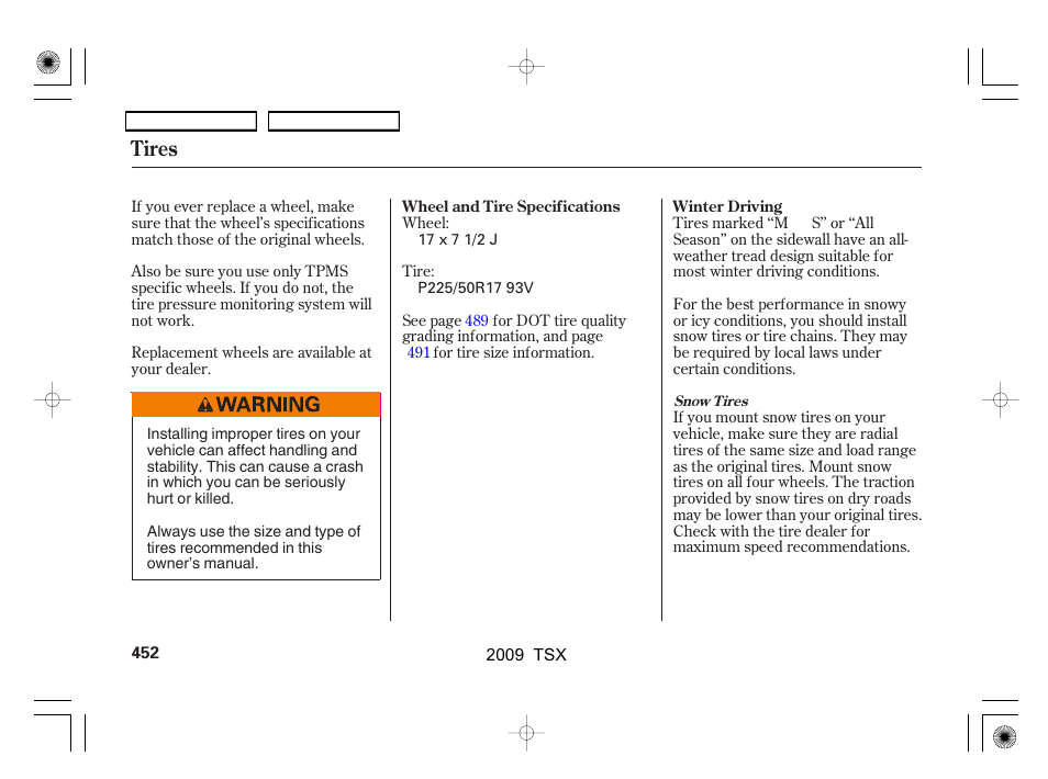 Tires | Acura 2009 TSX User Manual | Page 455 / 524