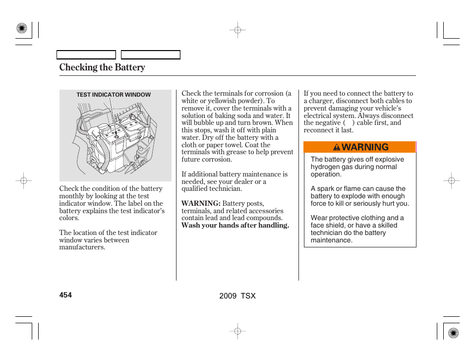 Checking the battery | Acura 2009 TSX User Manual | Page 457 / 524
