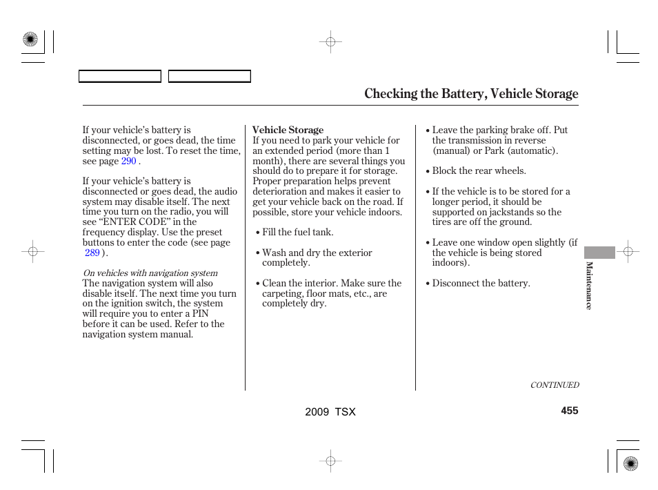 Checking the battery, vehicle storage | Acura 2009 TSX User Manual | Page 458 / 524