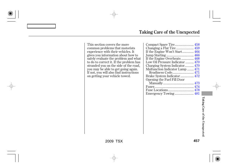 Taking care of the unexpected | Acura 2009 TSX User Manual | Page 460 / 524