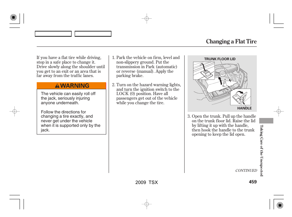 Changing a flat tire | Acura 2009 TSX User Manual | Page 462 / 524