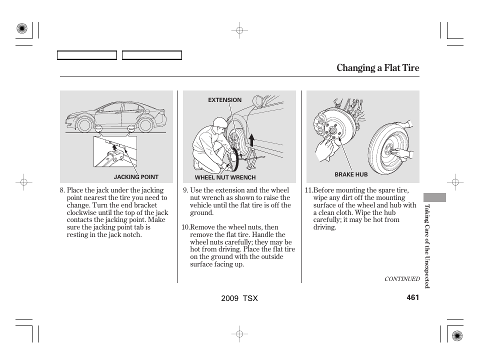 Changing a flat tire | Acura 2009 TSX User Manual | Page 464 / 524