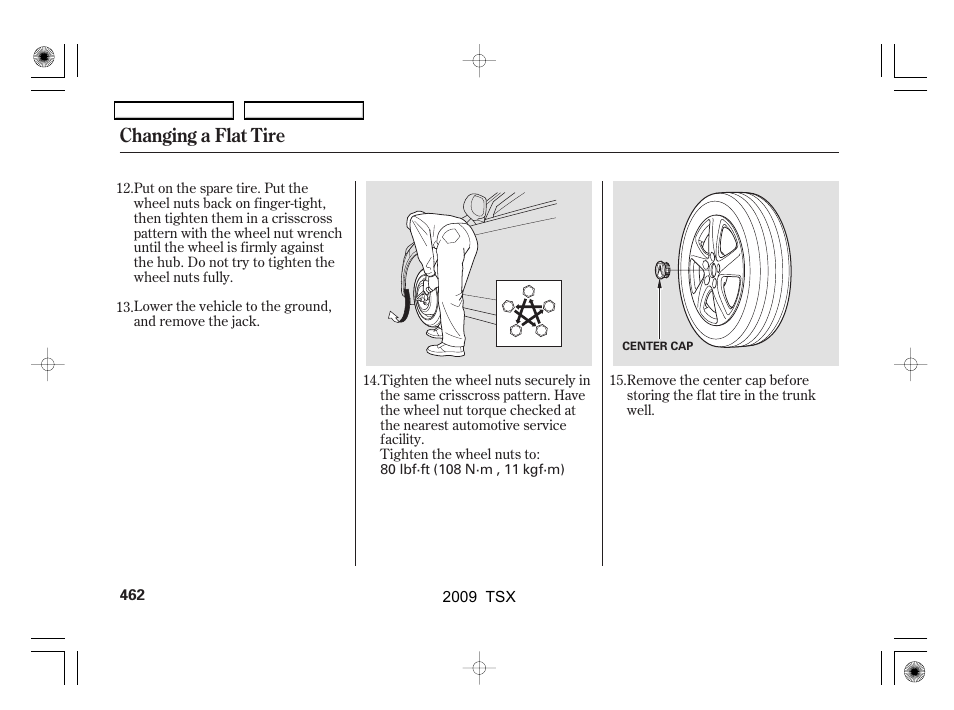 Changing a flat tire | Acura 2009 TSX User Manual | Page 465 / 524
