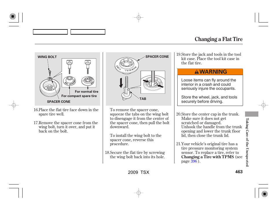 Changing a flat tire | Acura 2009 TSX User Manual | Page 466 / 524