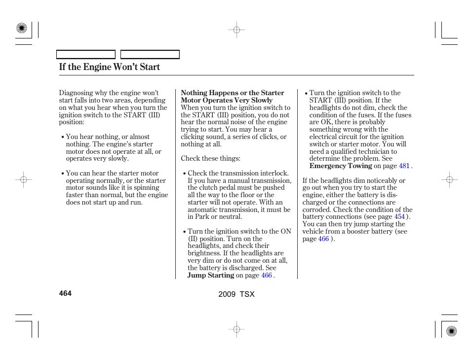 If the engine won’t start | Acura 2009 TSX User Manual | Page 467 / 524