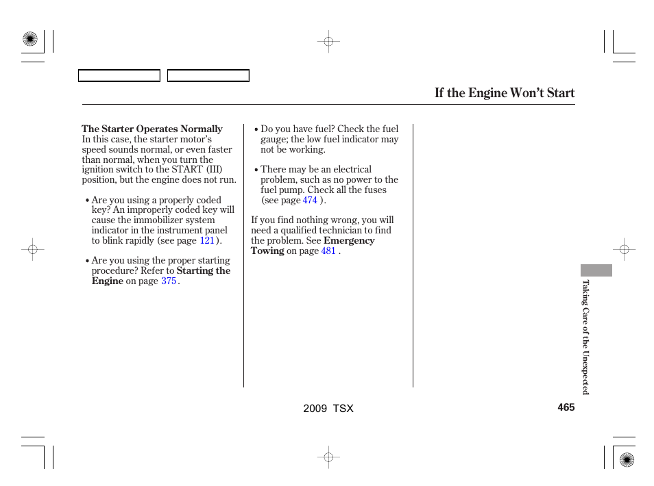 If the engine won’t start | Acura 2009 TSX User Manual | Page 468 / 524