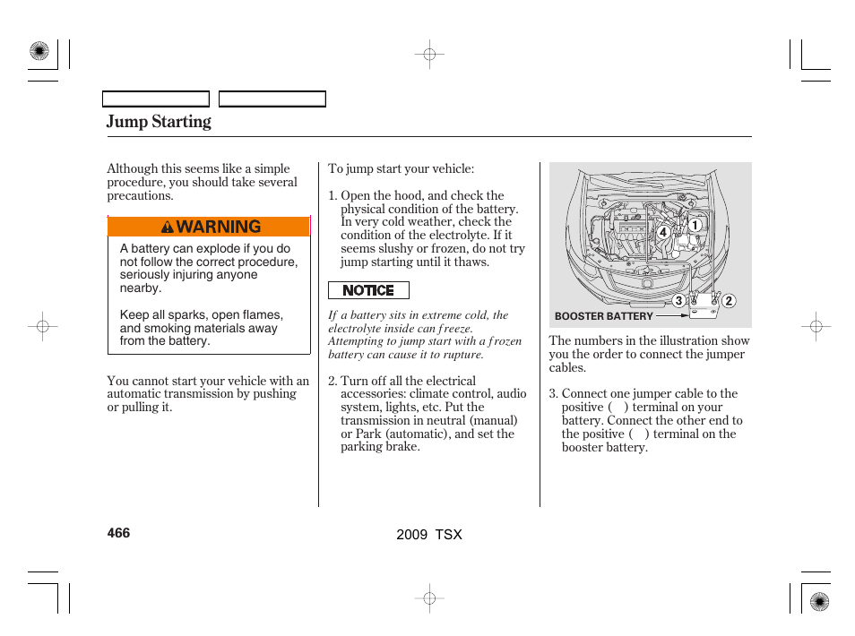 Jump starting | Acura 2009 TSX User Manual | Page 469 / 524