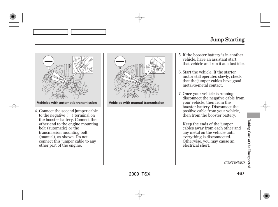 Jump starting | Acura 2009 TSX User Manual | Page 470 / 524
