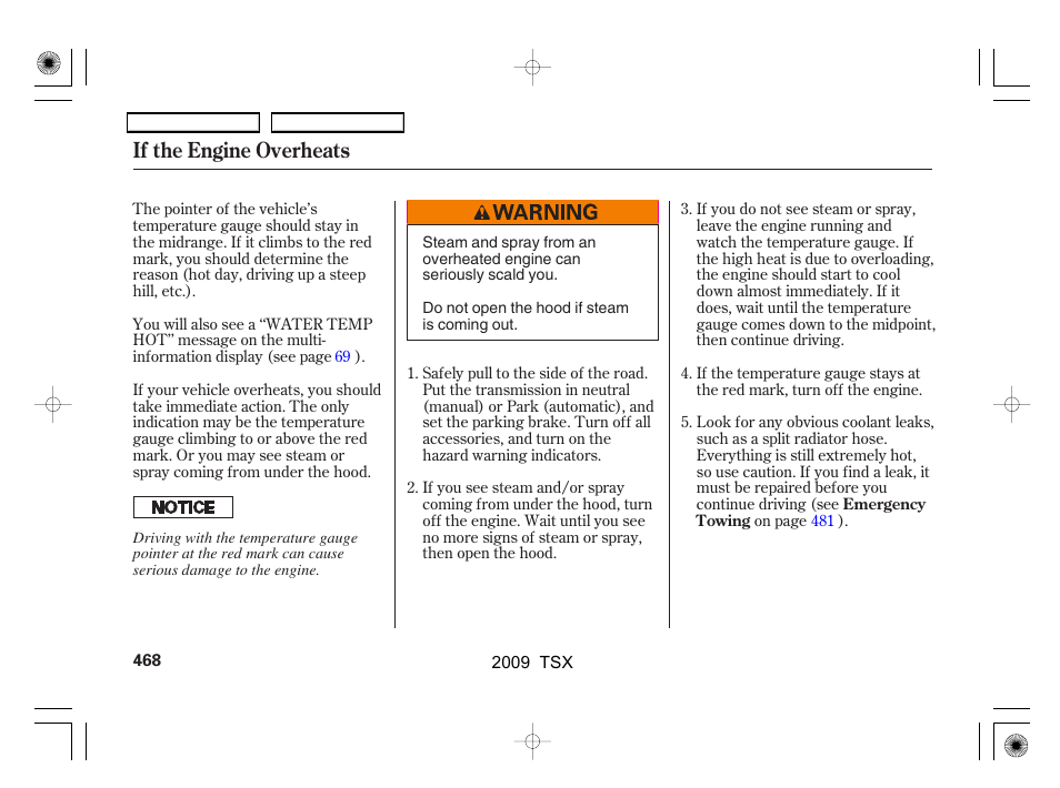 If the engine overheats | Acura 2009 TSX User Manual | Page 471 / 524