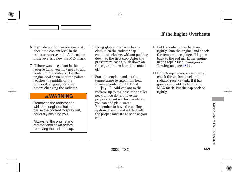 If the engine overheats | Acura 2009 TSX User Manual | Page 472 / 524