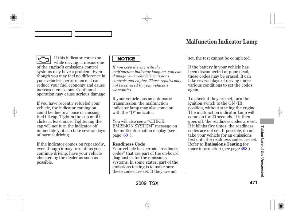 Malfunction indicator lamp | Acura 2009 TSX User Manual | Page 474 / 524