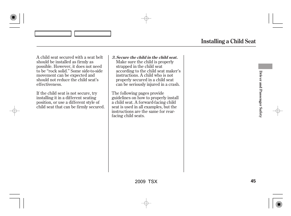 Installing a child seat | Acura 2009 TSX User Manual | Page 48 / 524