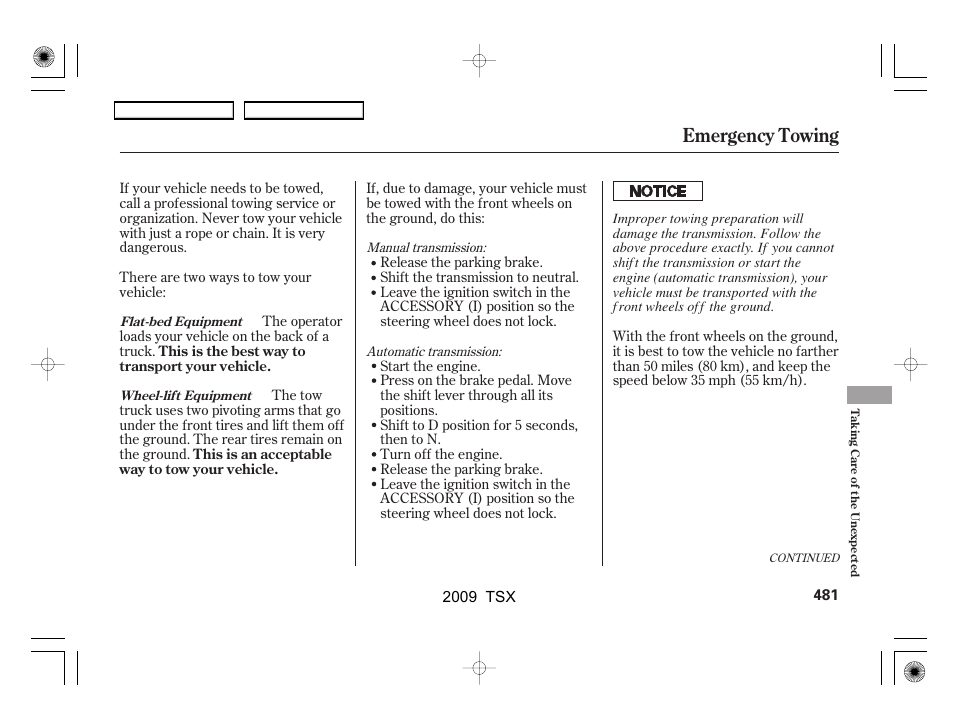 Emergency towing | Acura 2009 TSX User Manual | Page 484 / 524