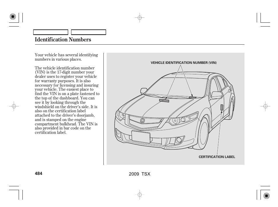 Identification numbers | Acura 2009 TSX User Manual | Page 487 / 524