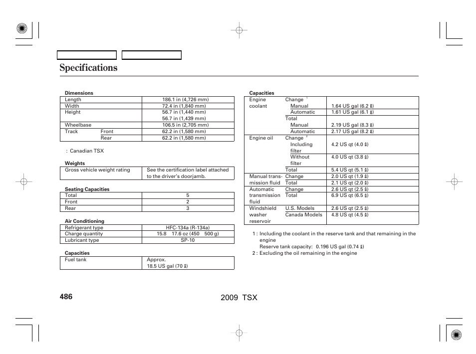 Specifications, 2009 tsx | Acura 2009 TSX User Manual | Page 489 / 524