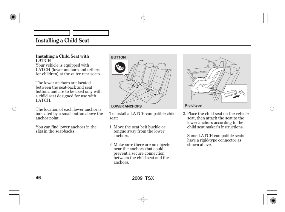Installing a child seat | Acura 2009 TSX User Manual | Page 49 / 524
