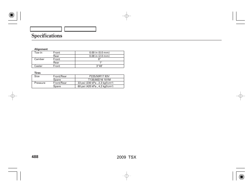 Specifications, 2009 tsx | Acura 2009 TSX User Manual | Page 491 / 524