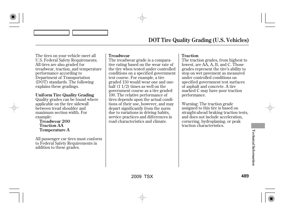 Dot tire quality grading (u.s. vehicles) | Acura 2009 TSX User Manual | Page 492 / 524
