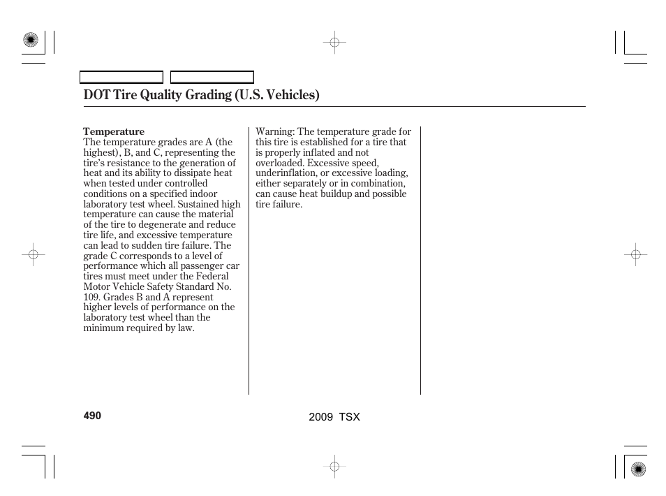 Dot tire quality grading (u.s. vehicles) | Acura 2009 TSX User Manual | Page 493 / 524