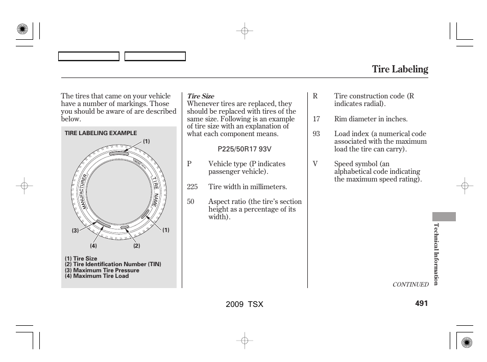 Tire labeling | Acura 2009 TSX User Manual | Page 494 / 524