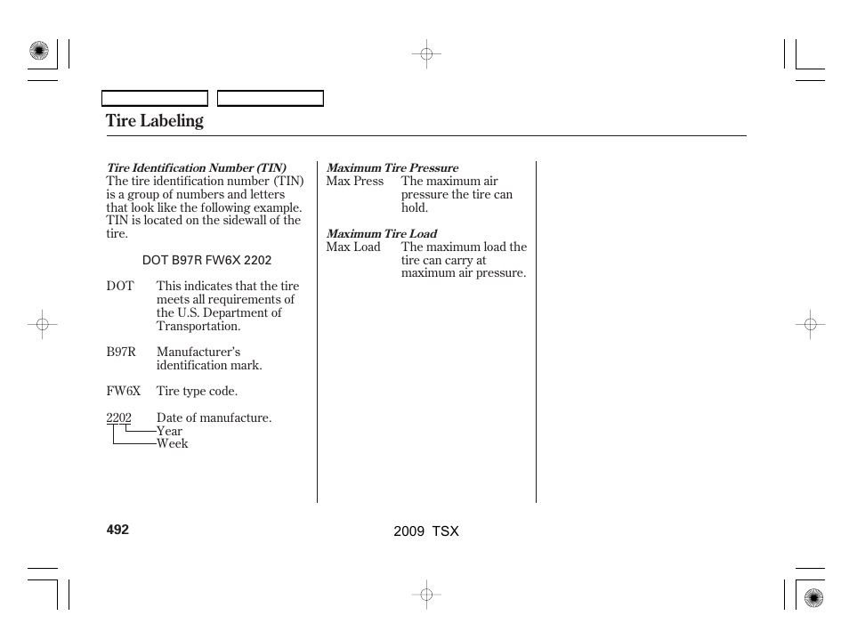 Tire labeling | Acura 2009 TSX User Manual | Page 495 / 524