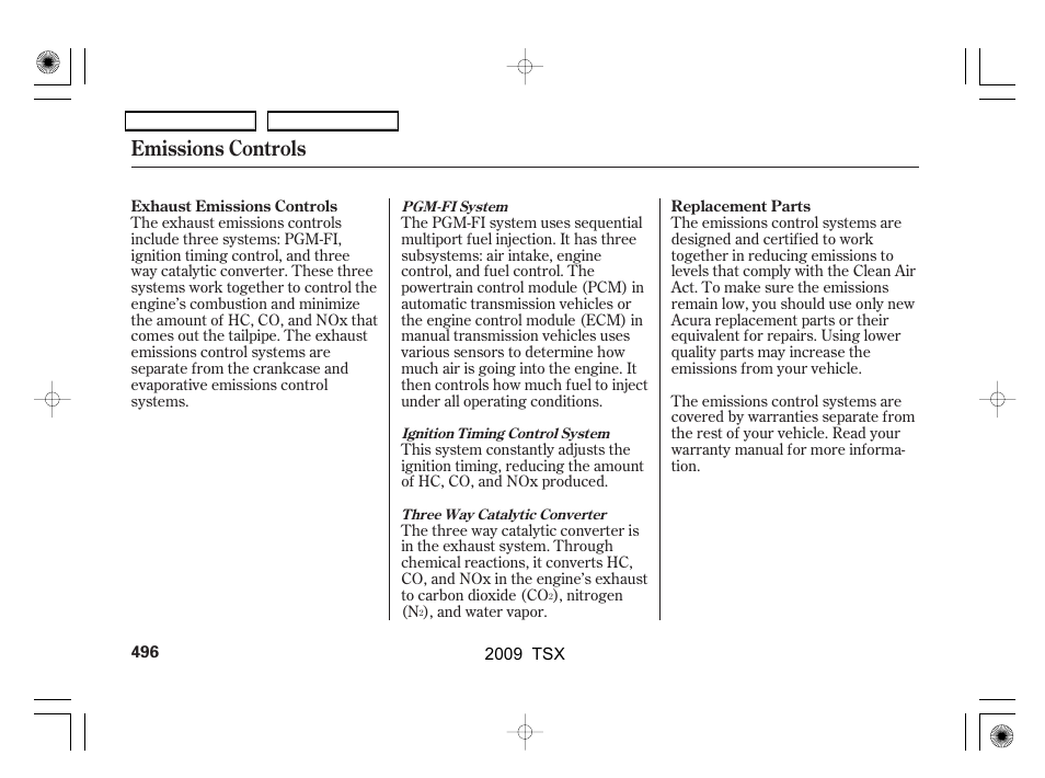 Emissions controls | Acura 2009 TSX User Manual | Page 499 / 524
