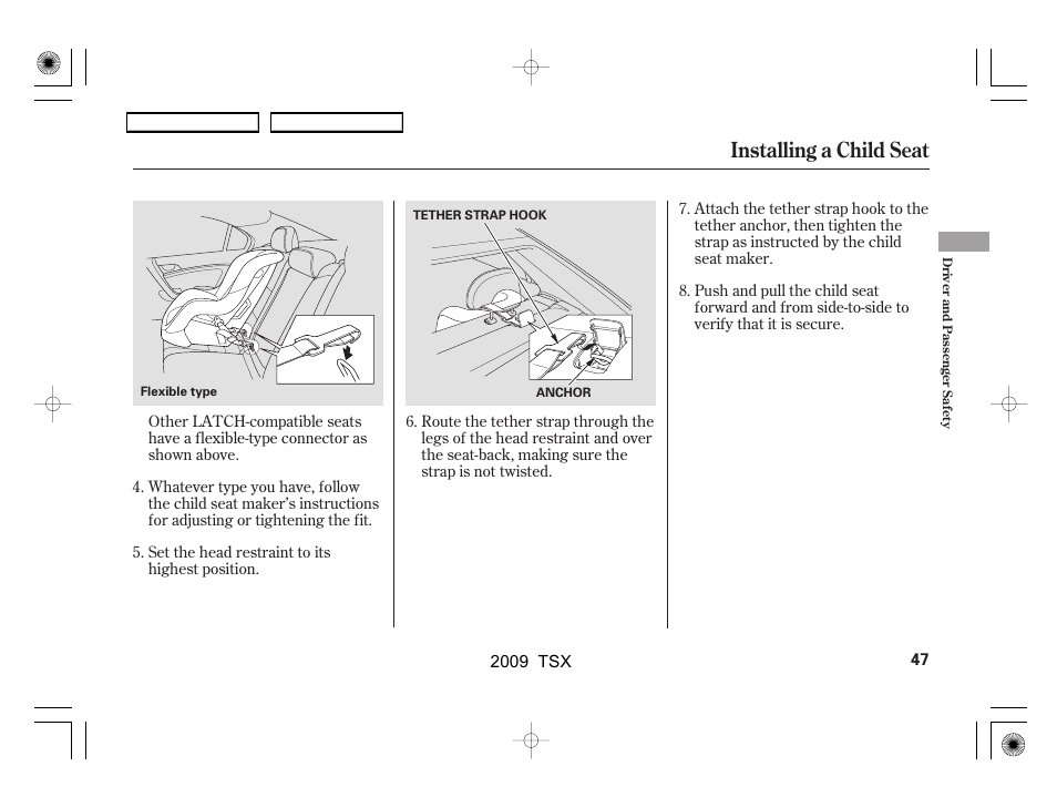 Installing a child seat | Acura 2009 TSX User Manual | Page 50 / 524