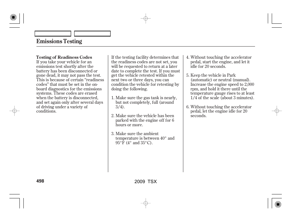 Emissions testing | Acura 2009 TSX User Manual | Page 501 / 524