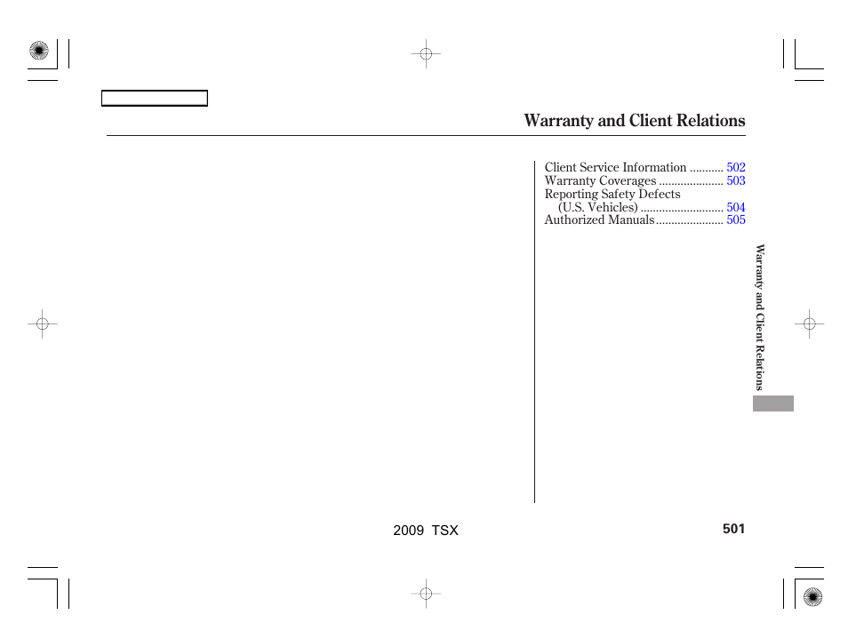 Warranty and client relations | Acura 2009 TSX User Manual | Page 504 / 524
