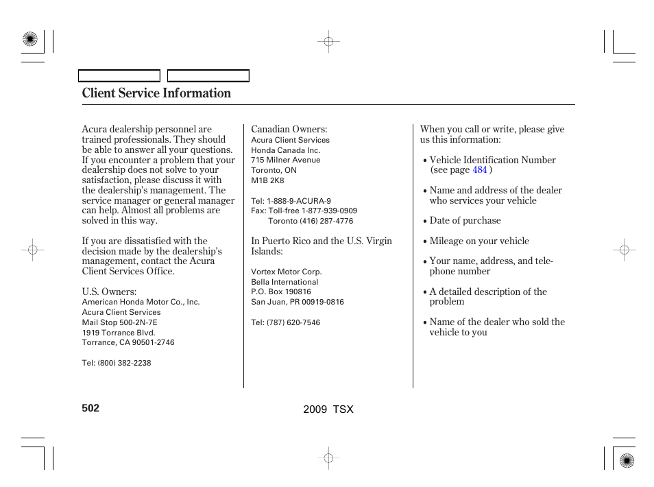 Client service information | Acura 2009 TSX User Manual | Page 505 / 524