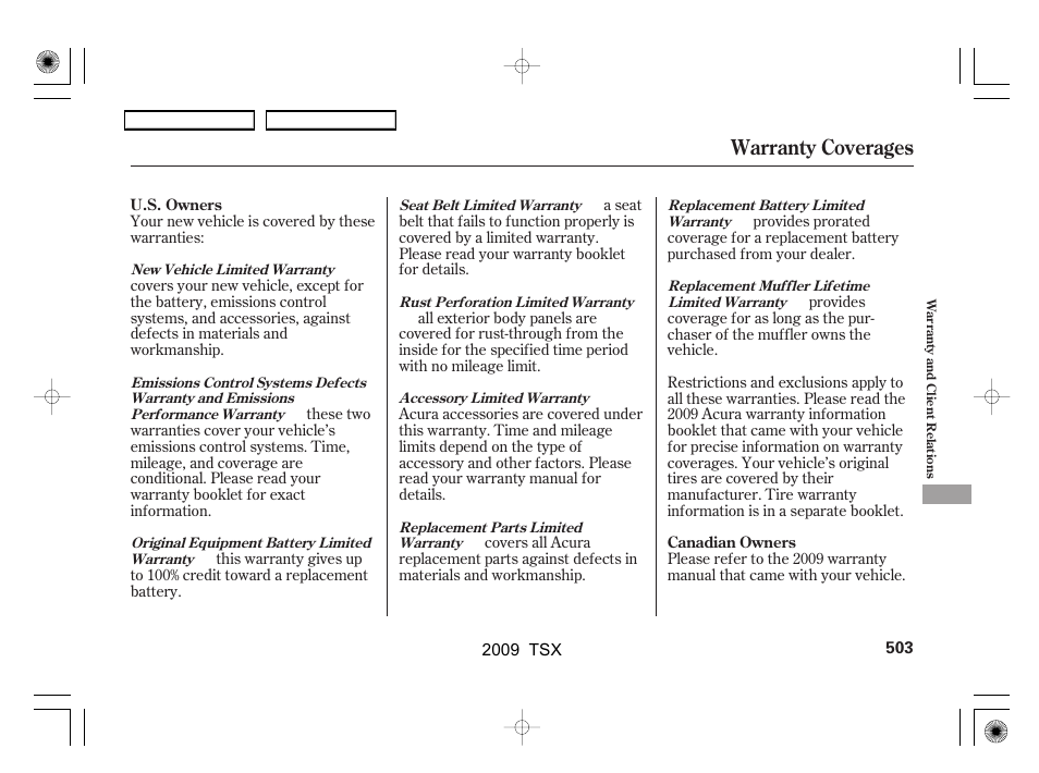 Warranty coverages | Acura 2009 TSX User Manual | Page 506 / 524