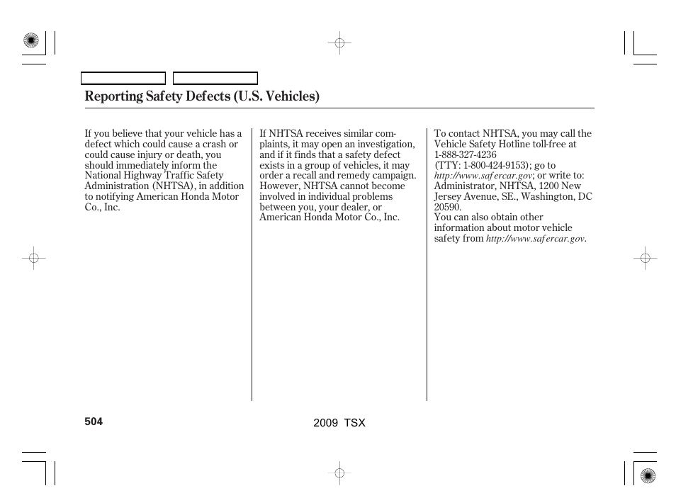 Reporting safety defects (u.s. vehicles) | Acura 2009 TSX User Manual | Page 507 / 524