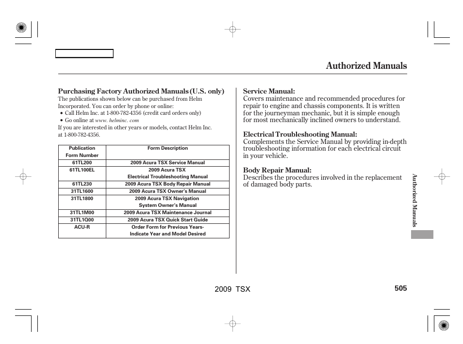Authorized manuals, 2009 tsx | Acura 2009 TSX User Manual | Page 508 / 524