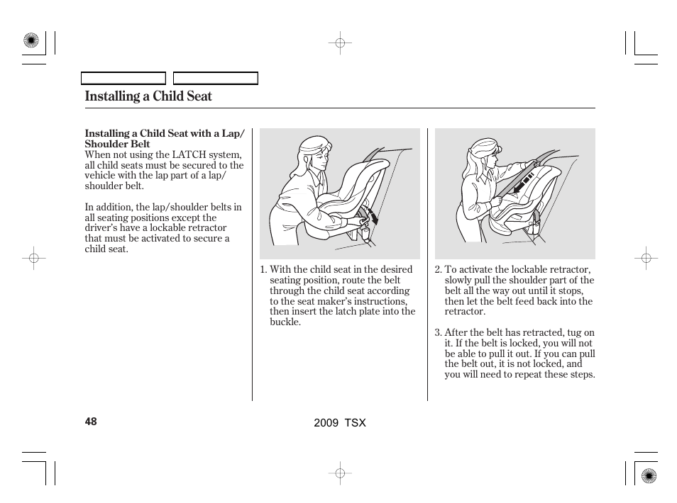 Installing a child seat | Acura 2009 TSX User Manual | Page 51 / 524
