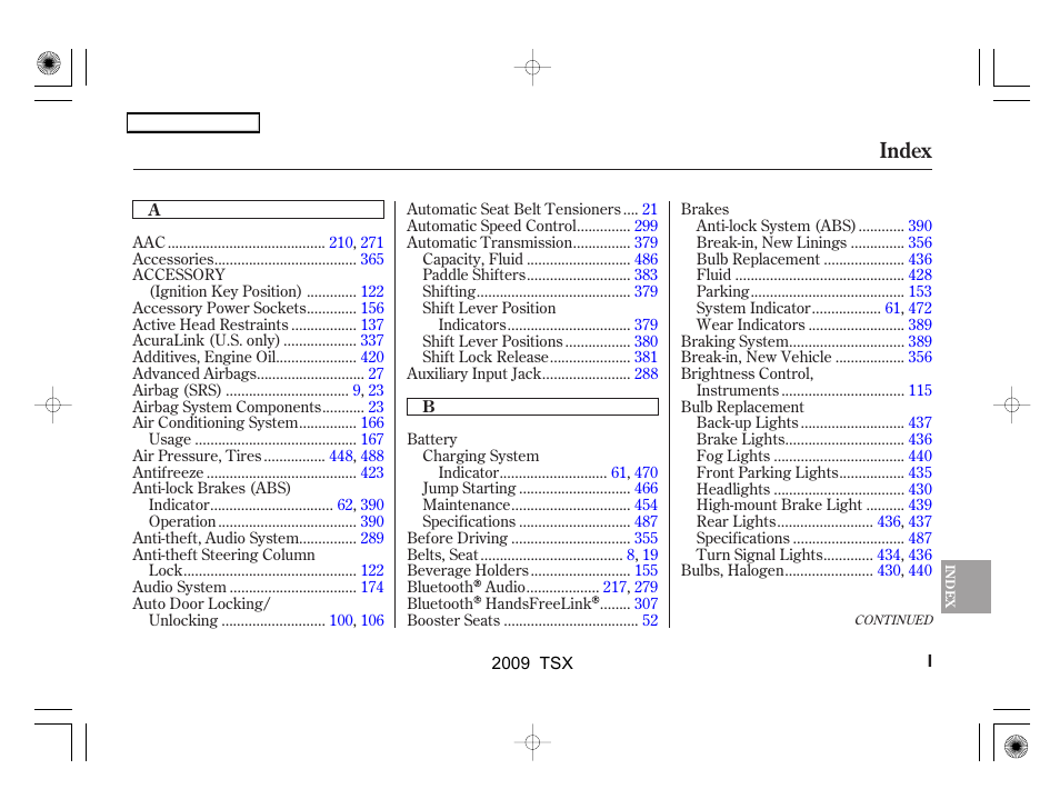 Index | Acura 2009 TSX User Manual | Page 510 / 524