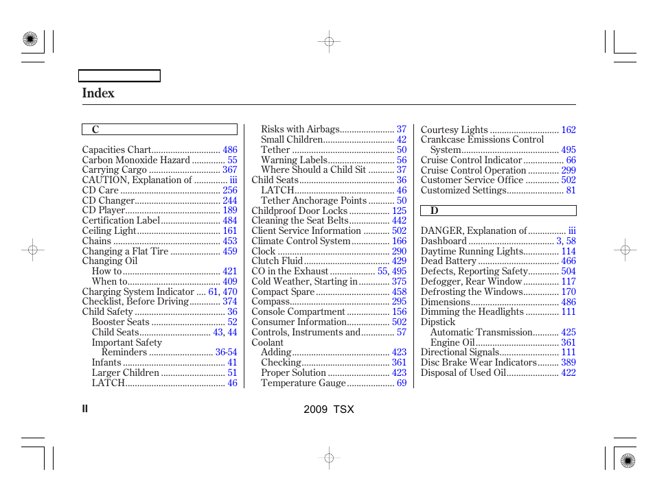 Index | Acura 2009 TSX User Manual | Page 511 / 524