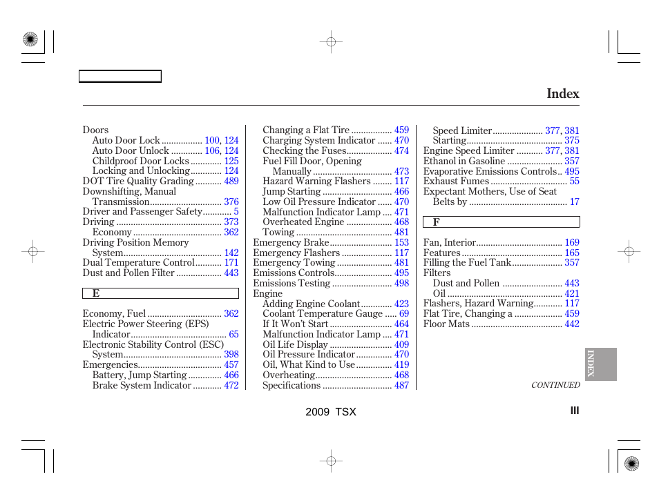 Index | Acura 2009 TSX User Manual | Page 512 / 524