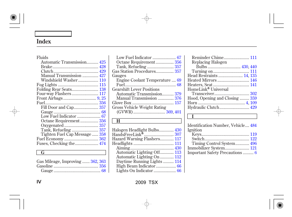 Index | Acura 2009 TSX User Manual | Page 513 / 524