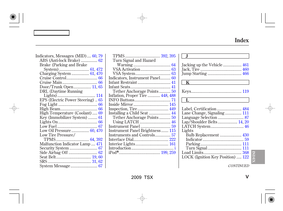 Index | Acura 2009 TSX User Manual | Page 514 / 524