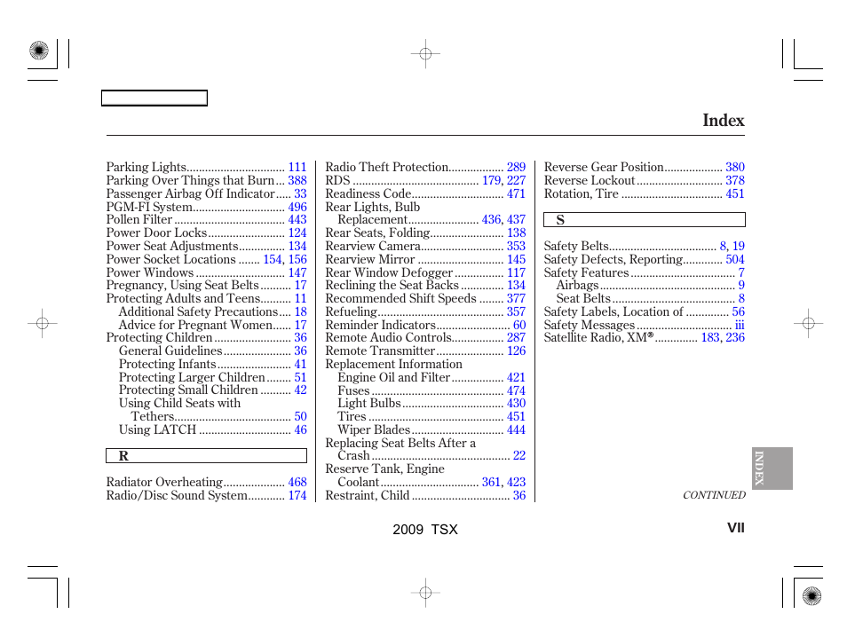 Index | Acura 2009 TSX User Manual | Page 516 / 524