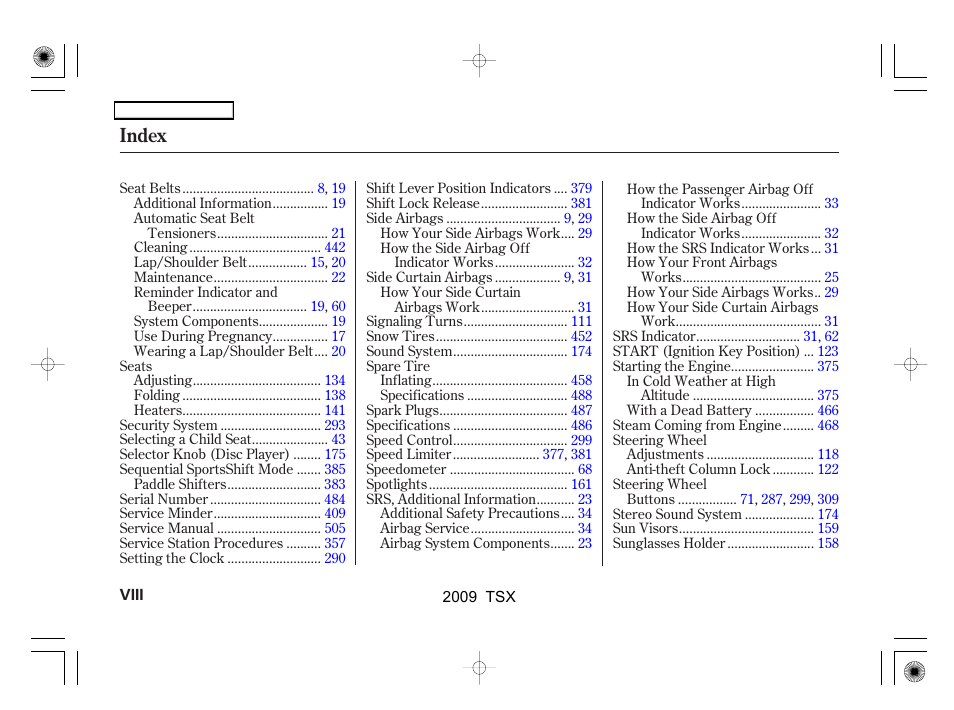 Index | Acura 2009 TSX User Manual | Page 517 / 524