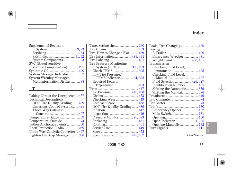Index | Acura 2009 TSX User Manual | Page 518 / 524