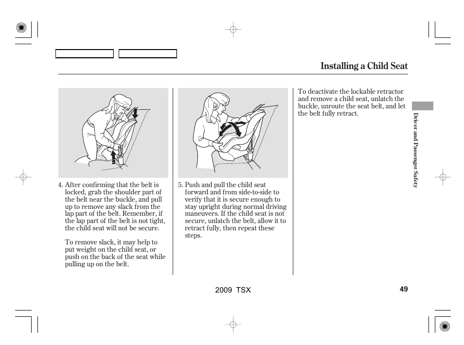 Installing a child seat | Acura 2009 TSX User Manual | Page 52 / 524